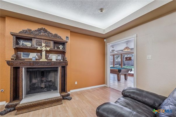 Billiard Table, Fireplace, Game Room, Interior, Wood Texture Flooring