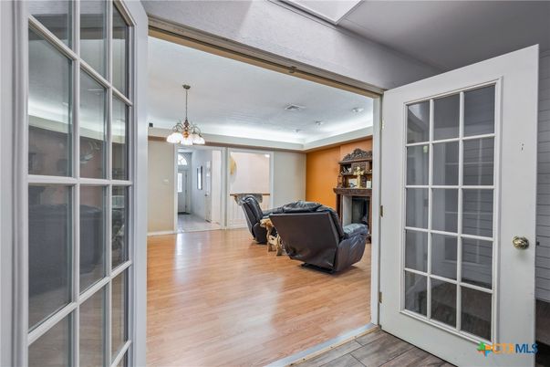 Fireplace, Interior, Pendant Lights, Recessed Lighting, Wood Texture Flooring