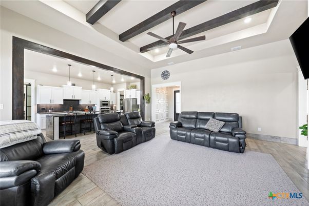 Interior, Kitchen, Living room, Pendant Lights, Recessed Lighting, Stainless Steel Appliances, Wooden Beams, Wood Texture Flooring