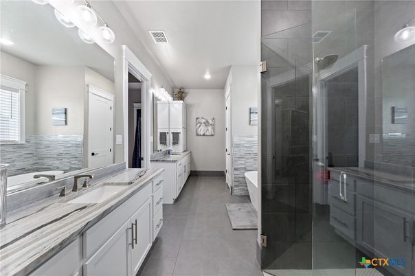 Bathroom, Dual Sink Vanities, Glass Shower, Interior, Recessed Lighting