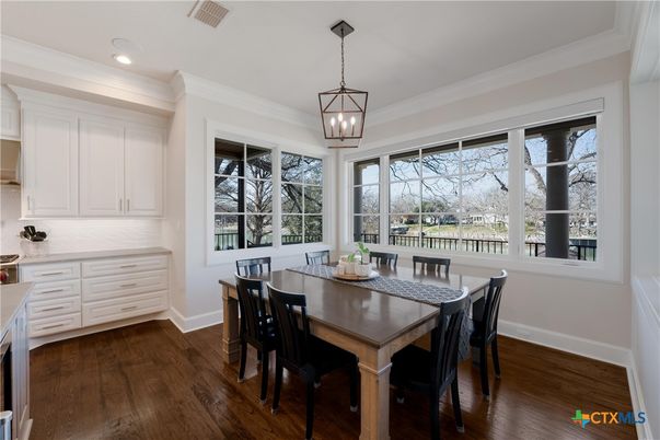 Dining room, Interior, Pendant Lights, Recessed Lighting, Wood Texture Flooring