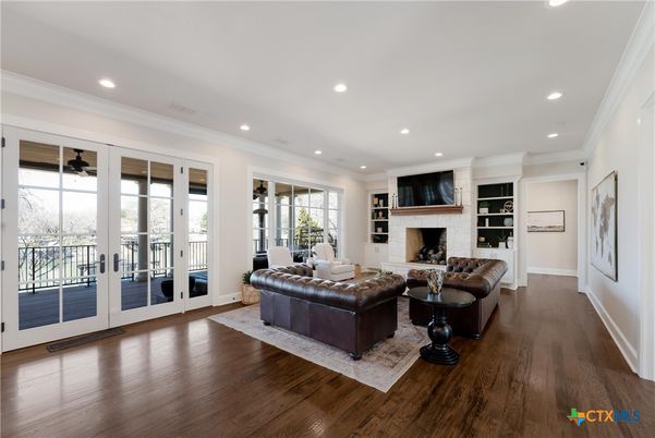 Fireplace, Interior, Living room, Recessed Lighting, Wood Texture Flooring