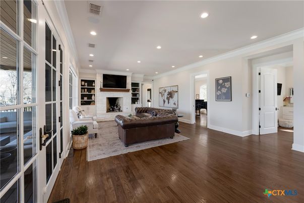 Fireplace, Interior, Living room, Recessed Lighting, Wood Texture Flooring