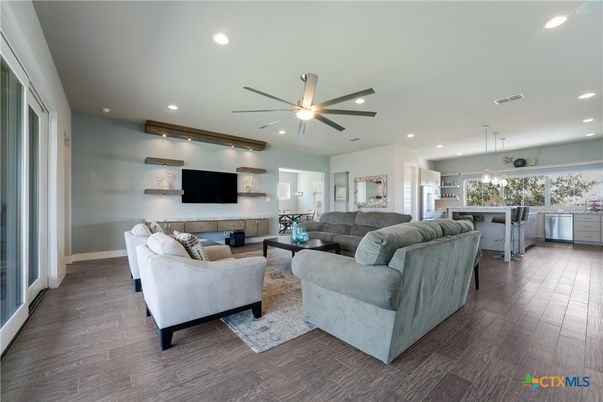 Interior, Kitchen, Living room, Pendant Lights, Recessed Lighting, Wood Texture Flooring