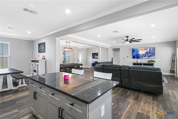 Dining room, Interior, Living room, Pendant Lights, Recessed Lighting, Wood Texture Flooring