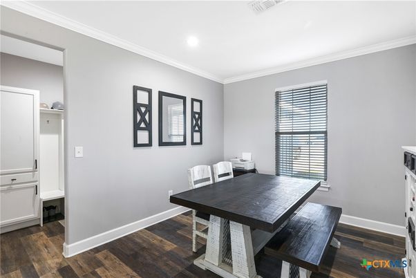 Dining room, Interior, Recessed Lighting, Wood Texture Flooring