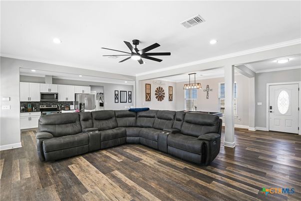 Interior, Kitchen, Living room, Pendant Lights, Recessed Lighting, Stainless Steel Appliances, Wood Texture Flooring