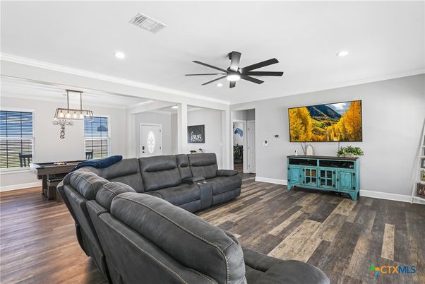 Billiard Table, Game Room, Interior, Living room, Pendant Lights, Recessed Lighting, Wood Texture Flooring