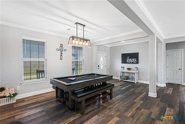 Billiard Table, Game Room, Interior, Pendant Lights, Wood Texture Flooring