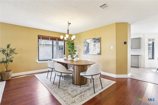 Chandelier, Dining room, Interior, Wood Texture Flooring