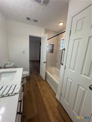 Bathroom, Interior, Marble Walls, Recessed Lighting, Wood Texture Flooring