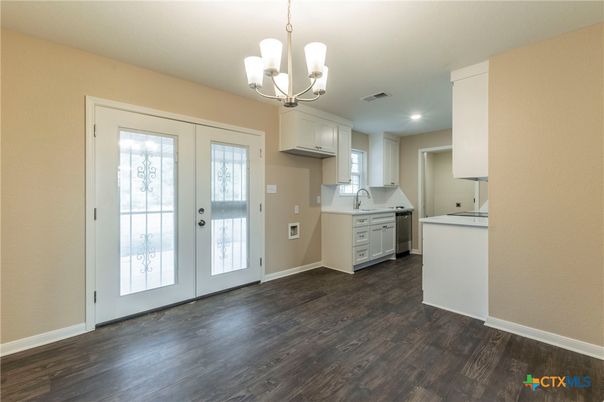 Chandelier, Interior, Kitchen, Recessed Lighting, Wood Texture Flooring
