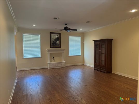 Empty room, Fireplace, Interior, Recessed Lighting, Wood Texture Flooring
