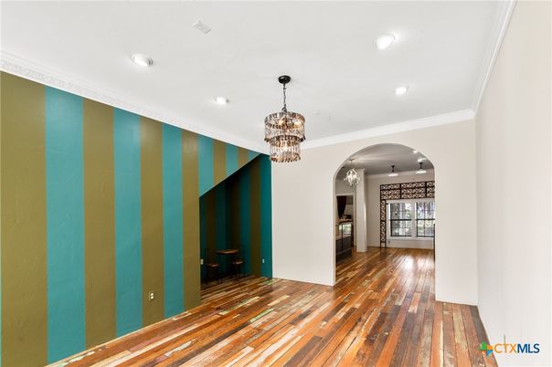 Chandelier, Empty room, Interior, Recessed Lighting, Wood Texture Flooring