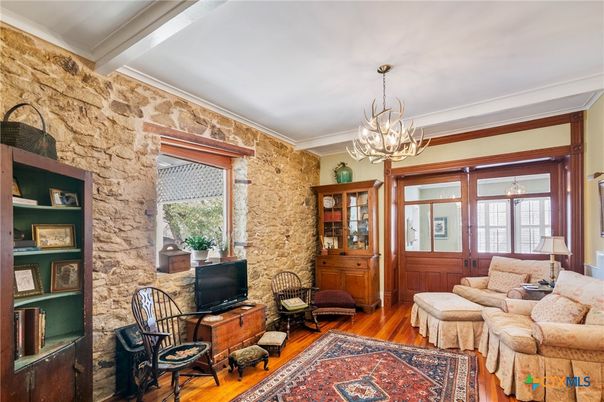 Chandelier, Interior, Living room, Stone Walls, Wood Texture Flooring