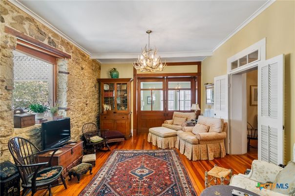 Chandelier, Interior, Living room, Stone Walls, Wood Texture Flooring