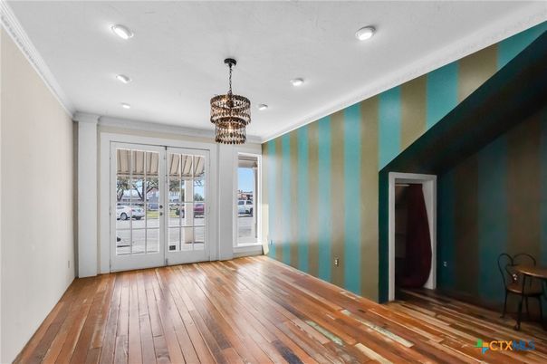 Chandelier, Empty room, Interior, Recessed Lighting, Wood Texture Flooring