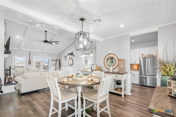 Dining room, Interior, Kitchen, Living room, Pendant Lights, Recessed Lighting, Stainless Steel Appliances, Wood Texture Flooring