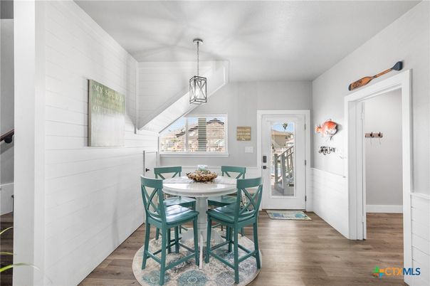 Dining room, Interior, Pendant Lights, Wood Texture Flooring