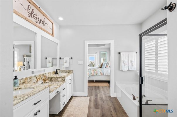 Bathroom, Bedroom, Dual Sink Vanities, Interior, Recessed Lighting, Wood Texture Flooring