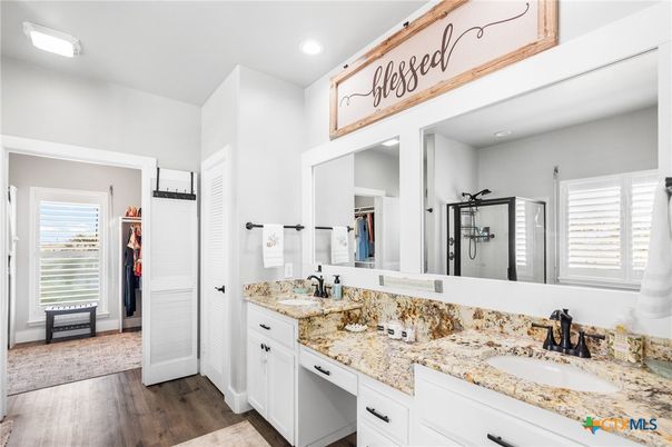 Bathroom, Dual Sink Vanities, Interior, Recessed Lighting, Wood Texture Flooring