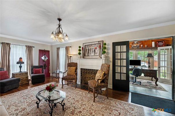 Chandelier, Fireplace, Home Office, Interior, Living room, Wood Texture Flooring