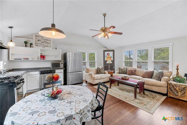 Dining room, Interior, Kitchen, Living room, Pendant Lights, Wood Texture Flooring