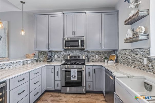 Interior, Kitchen, Pendant Lights, Stainless Steel Appliances, Wood Texture Flooring