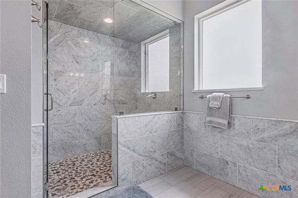 Bathroom, Glass Shower, Interior, Marble Walls, Recessed Lighting