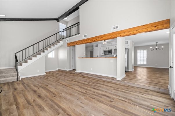 Chandelier, Interior, Kitchen, Pendant Lights, Wooden Beams, Wood Texture Flooring