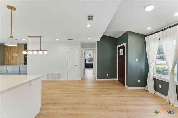 Interior, Kitchen, Pendant Lights, Recessed Lighting, Wood Texture Flooring
