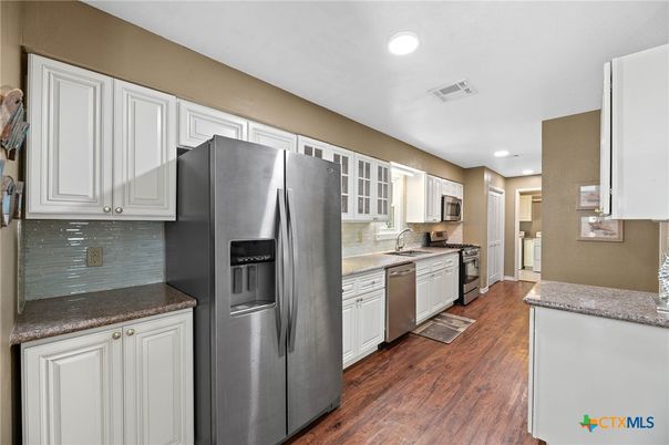 Interior, Kitchen, Recessed Lighting, Stainless Steel Appliances, Wood Texture Flooring