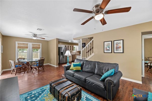 Dining room, Interior, Living room, Recessed Lighting, Wood Texture Flooring