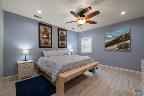 Bedroom, Interior, Recessed Lighting, Wood Texture Flooring