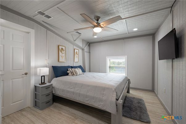 Bedroom, Interior, Recessed Lighting, Wood Texture Flooring