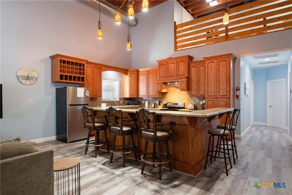 Interior, Kitchen, Pendant Lights, Recessed Lighting, Wooden Beams, Wood Texture Flooring