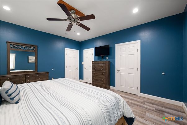 Bedroom, Interior, Recessed Lighting, Wood Texture Flooring