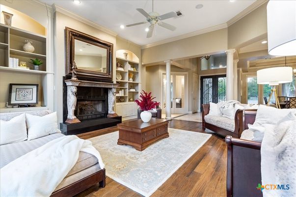 Bedroom, Fireplace, Interior, Living room, Recessed Lighting, Wood Texture Flooring