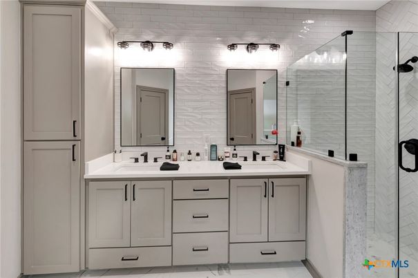 Bathroom, Dual Sink Vanities, Glass Shower, Interior, Marble