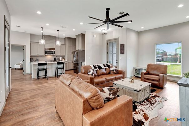 Interior, Kitchen, Living room, Pendant Lights, Recessed Lighting, Stainless Steel Appliances, Wood Texture Flooring