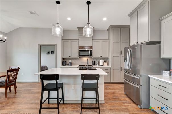 Interior, Kitchen, Pendant Lights, Recessed Lighting, Stainless Steel Appliances, Wood Texture Flooring
