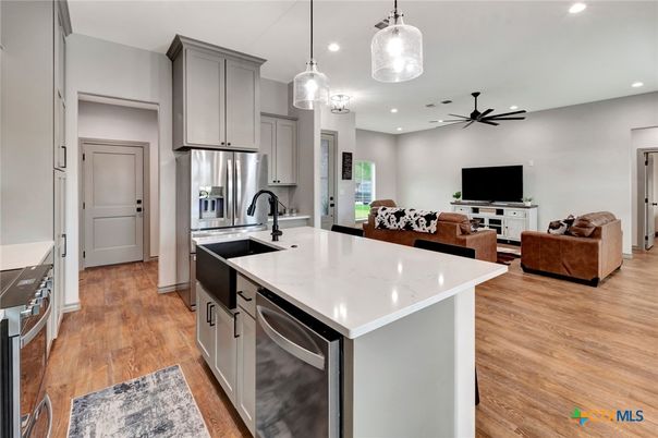 Interior, Kitchen, Living room, Pendant Lights, Recessed Lighting, Stainless Steel Appliances, Wood Texture Flooring