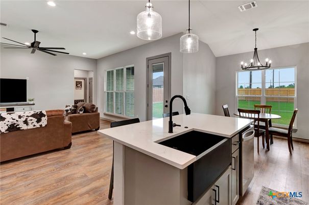 Chandelier, Dining room, Interior, Kitchen, Living room, Pendant Lights, Recessed Lighting, Wood Texture Flooring
