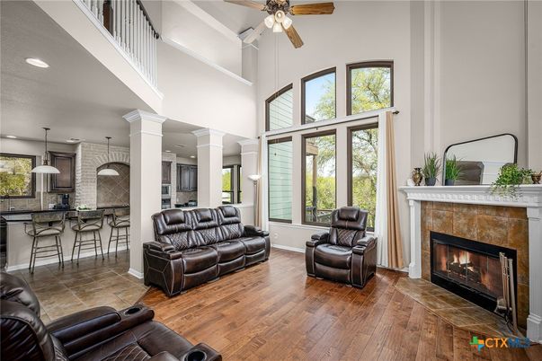 Fireplace, Interior, Kitchen, Living room, Pendant Lights, Recessed Lighting, Wood Texture Flooring
