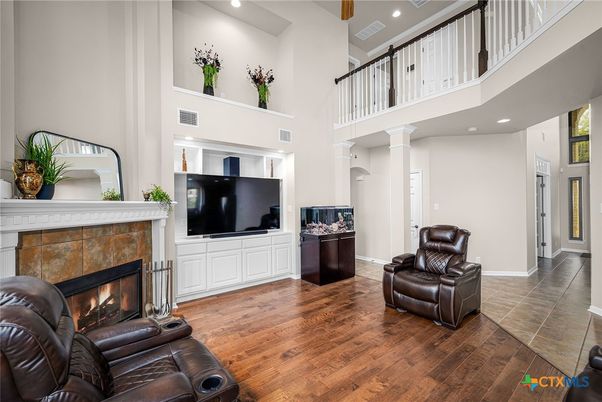 Fireplace, Interior, Living room, Recessed Lighting, Wood Texture Flooring