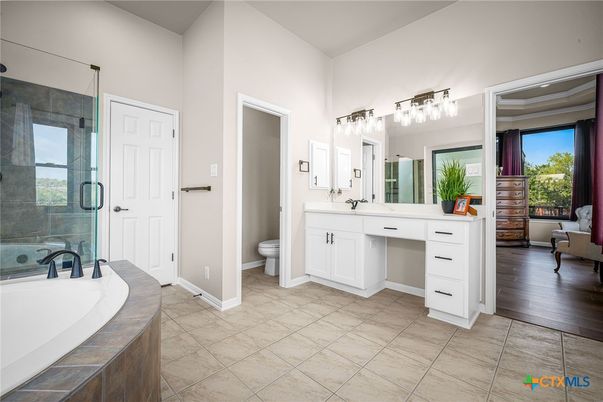 Bathroom, Dual Sink Vanities, Glass Shower, Interior, Wood Texture Flooring