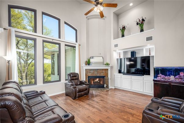 Home Theatre Room, Fireplace, Interior, Living room, Recessed Lighting, Wood Texture Flooring