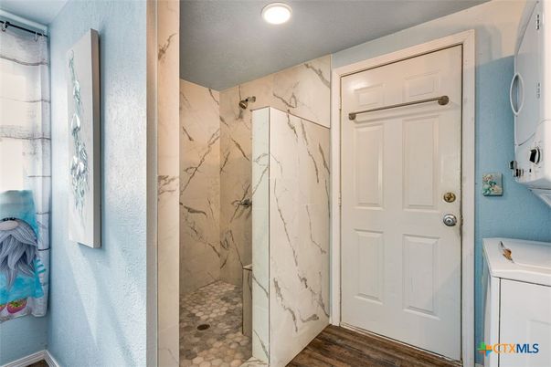 Bathroom, Interior, Marble Walls, Recessed Lighting, Wood Texture Flooring