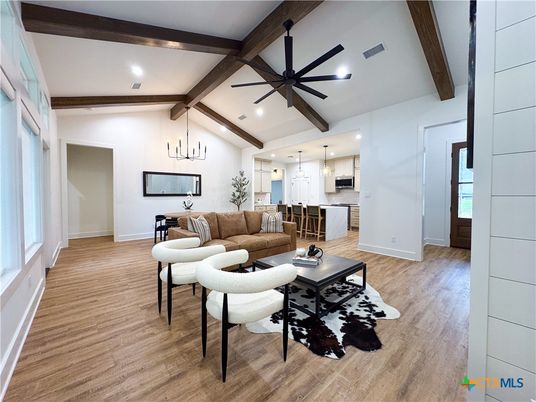 Interior, Kitchen, Living room, Pendant Lights, Recessed Lighting, Stainless Steel Appliances, Wooden Beams, Wood Texture Flooring