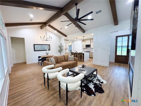 Dining room, Interior, Kitchen, Living room, Pendant Lights, Recessed Lighting, Stainless Steel Appliances, Wooden Beams, Wood Texture Flooring